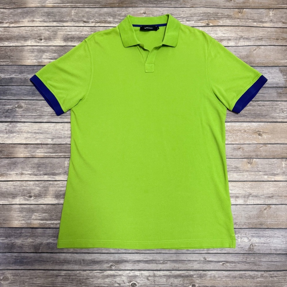 Bugatchi Palm Green Cobalt Blue Pique Short Sleeve Slit V Neck Cotton Polo Large